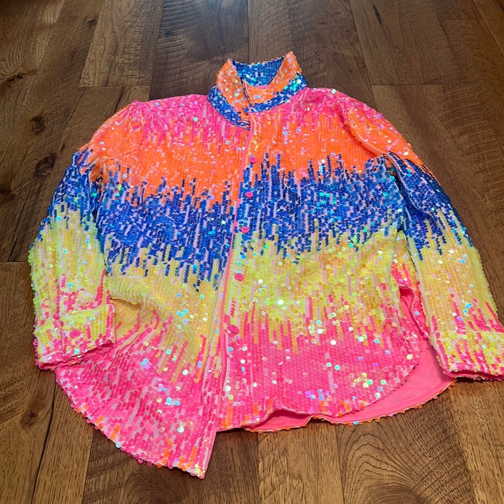 Vibrant Sequin Button Down Shirt - Pink, Orange, Yellow, Blue